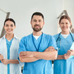 Group of nurses standing in stairwell