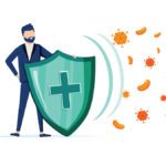 Immune system icon with plus sign shield warding off viruses