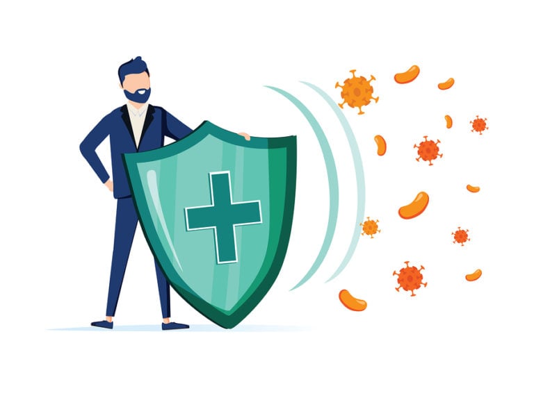 Immune system icon with plus sign shield warding off viruses