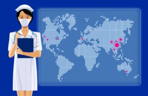 Nurse wearing mask standing in front of hot spot map