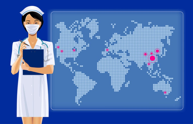 Nurse wearing mask standing in front of hot spot map