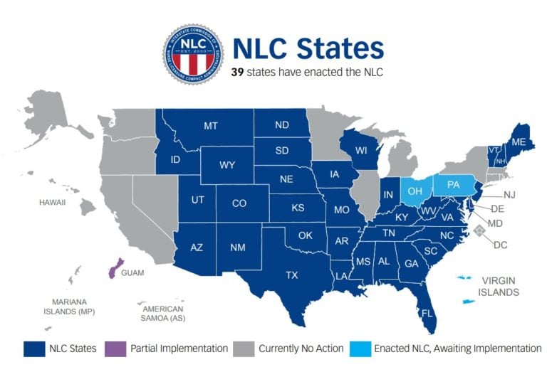 Map of states that have enacted the Nurse Licensure Compact (NLC)