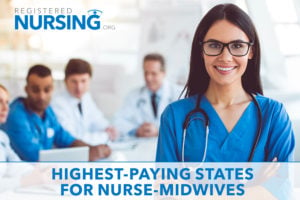 Nurse midwife in a room of other nurses and doctors