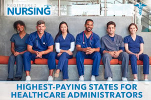 Healthcare Administration students sitting in a hospital lobby