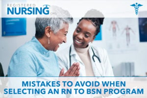 An RN to BSN prepared nurse talks to a patient in a hospital waiting room.