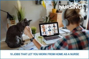 A registered nurse works from home on her laptop.