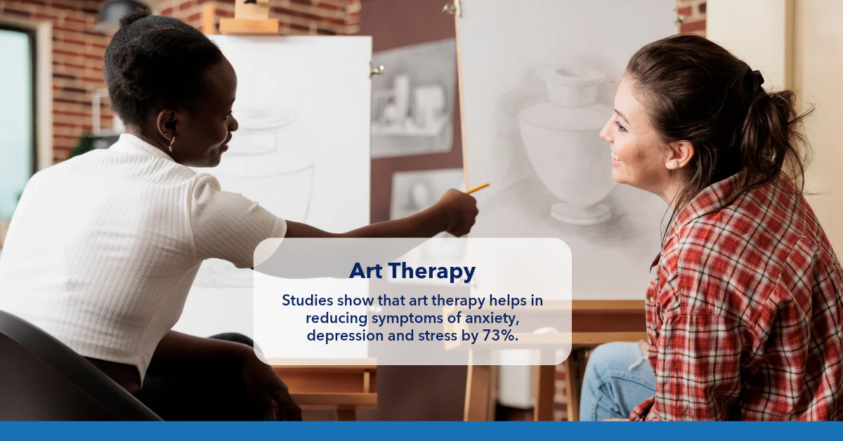 Studies show art therapy helps in reducing symptoms of anxiety, depression, and stress.