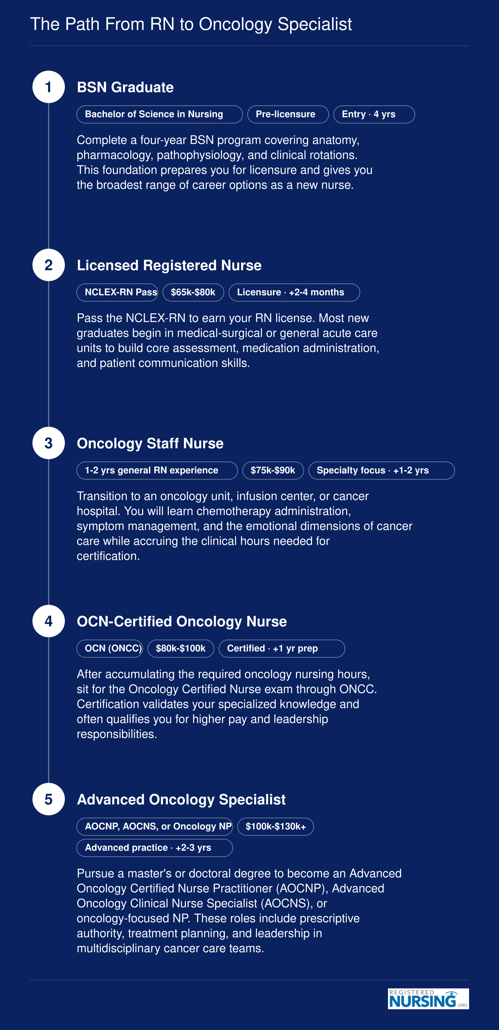 Career progression from BSN through NCLEX, general RN experience, oncology unit work, OCN certification, and advanced oncology roles over approximately 6 to 10 years