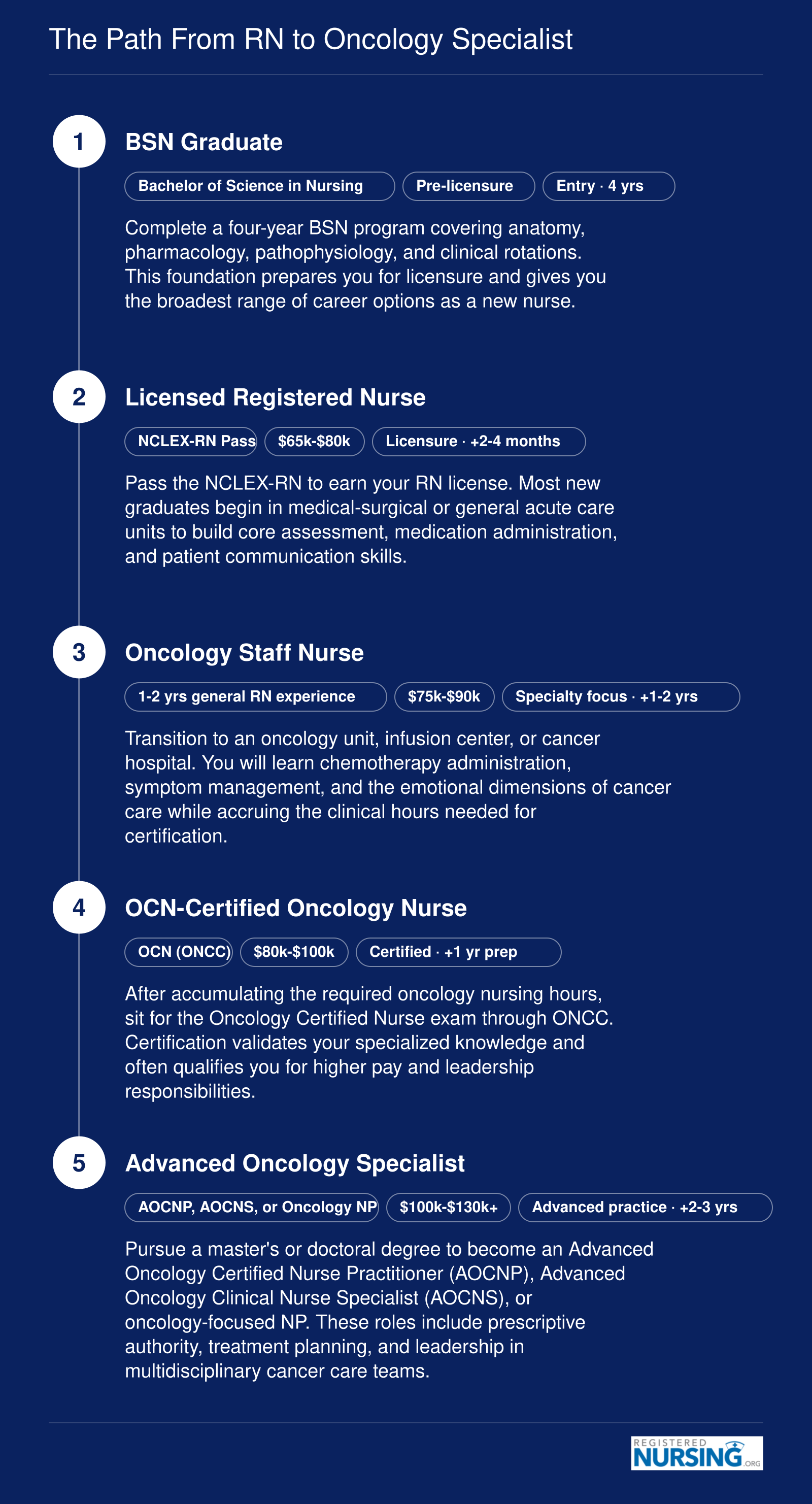 Career progression from BSN through NCLEX, general RN experience, oncology unit work, OCN certification, and advanced oncology roles over approximately 6 to 10 years