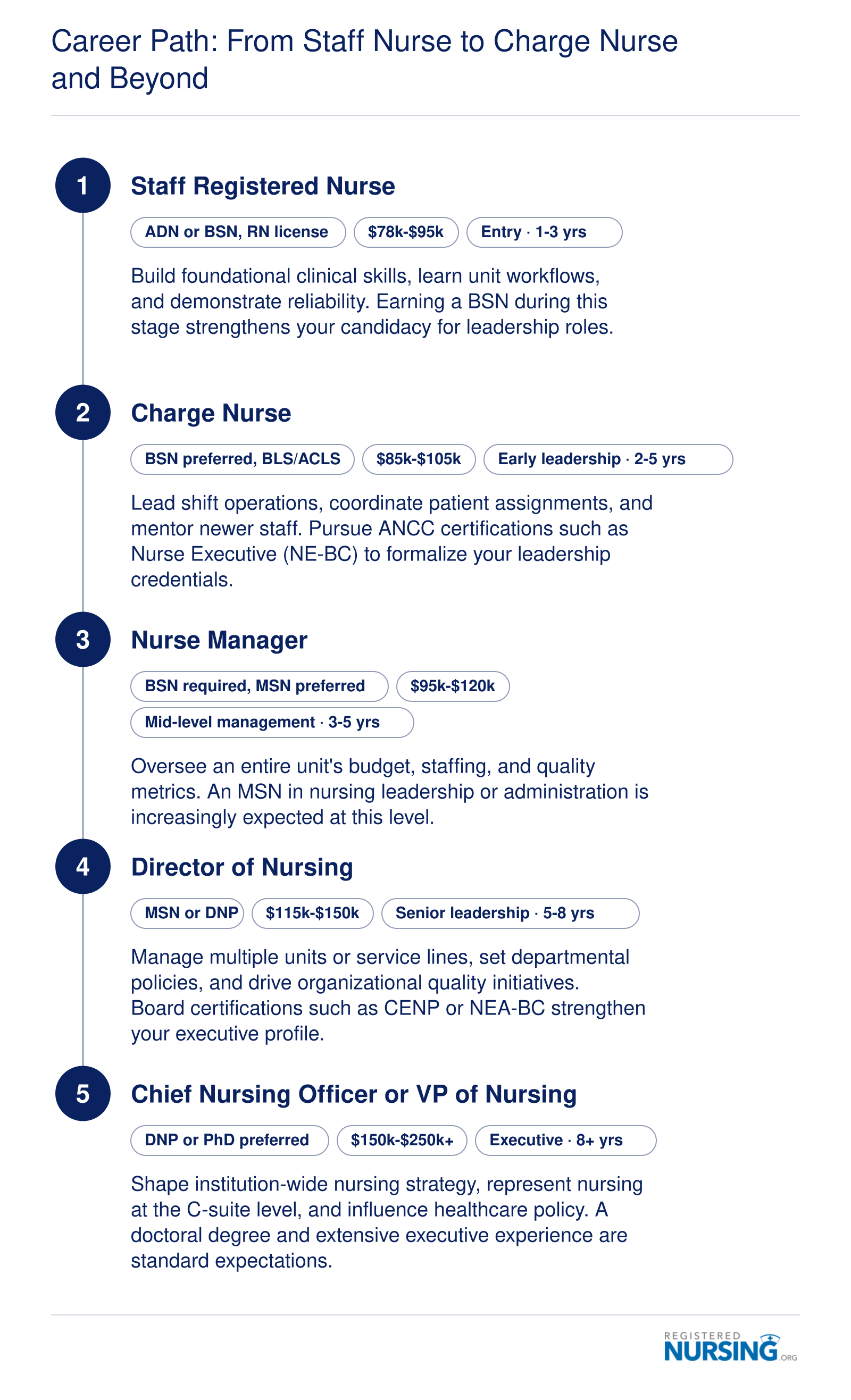 Five-stage nursing career ladder from Staff RN through Charge Nurse, Nurse Manager, Director of Nursing, and Chief Nursing Officer with credentials and salary ranges