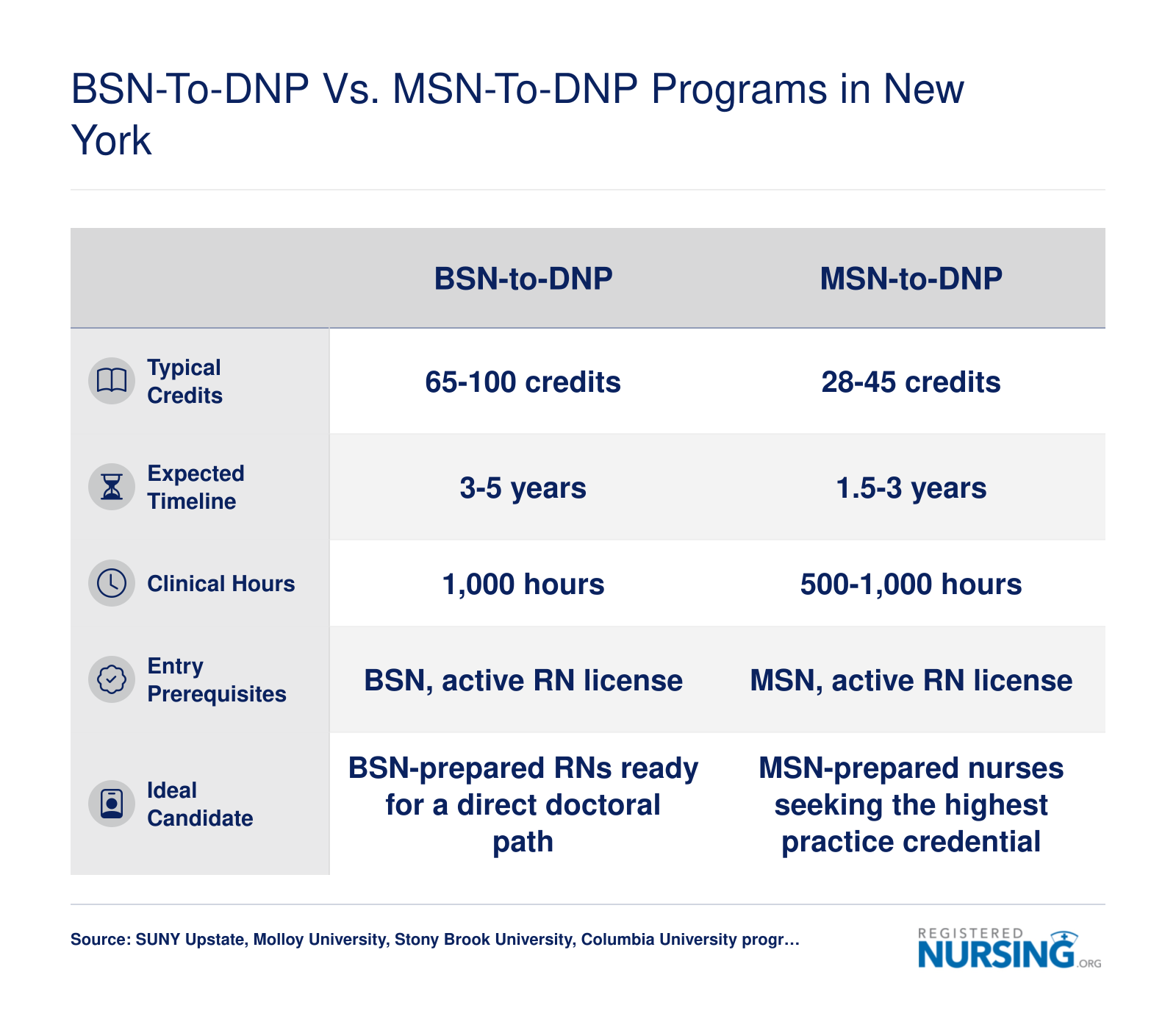 Comparison of BSN-to-DNP and MSN-to-DNP programs in New York across credits, timeline, clinical hours, prerequisites, and candidate profile