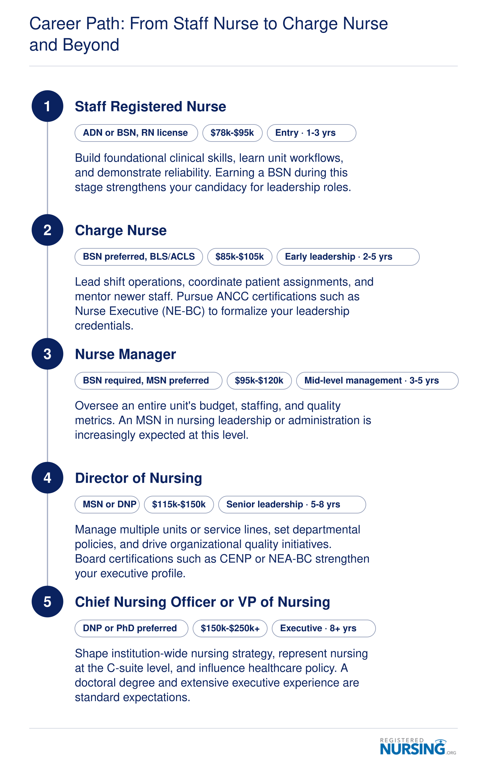 Five-stage nursing career ladder from Staff RN through Charge Nurse, Nurse Manager, Director of Nursing, and Chief Nursing Officer with credentials and salary ranges