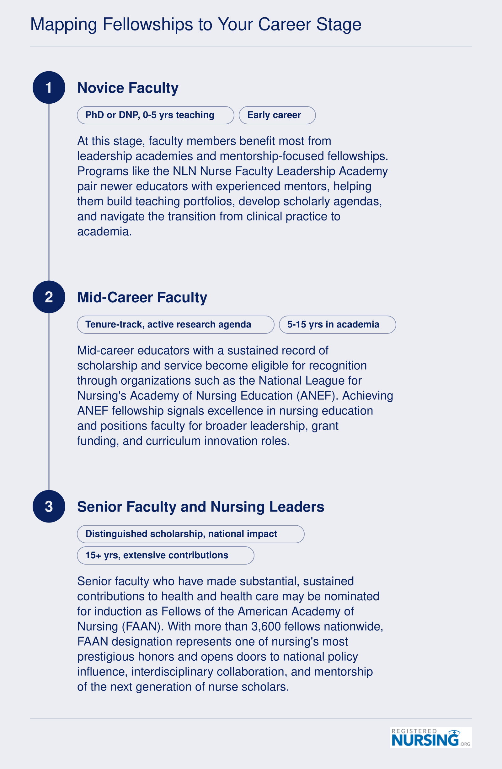 Three-stage career pathway for nurse faculty fellowships from novice educator through mid-career ANEF eligibility to senior FAAN recognition