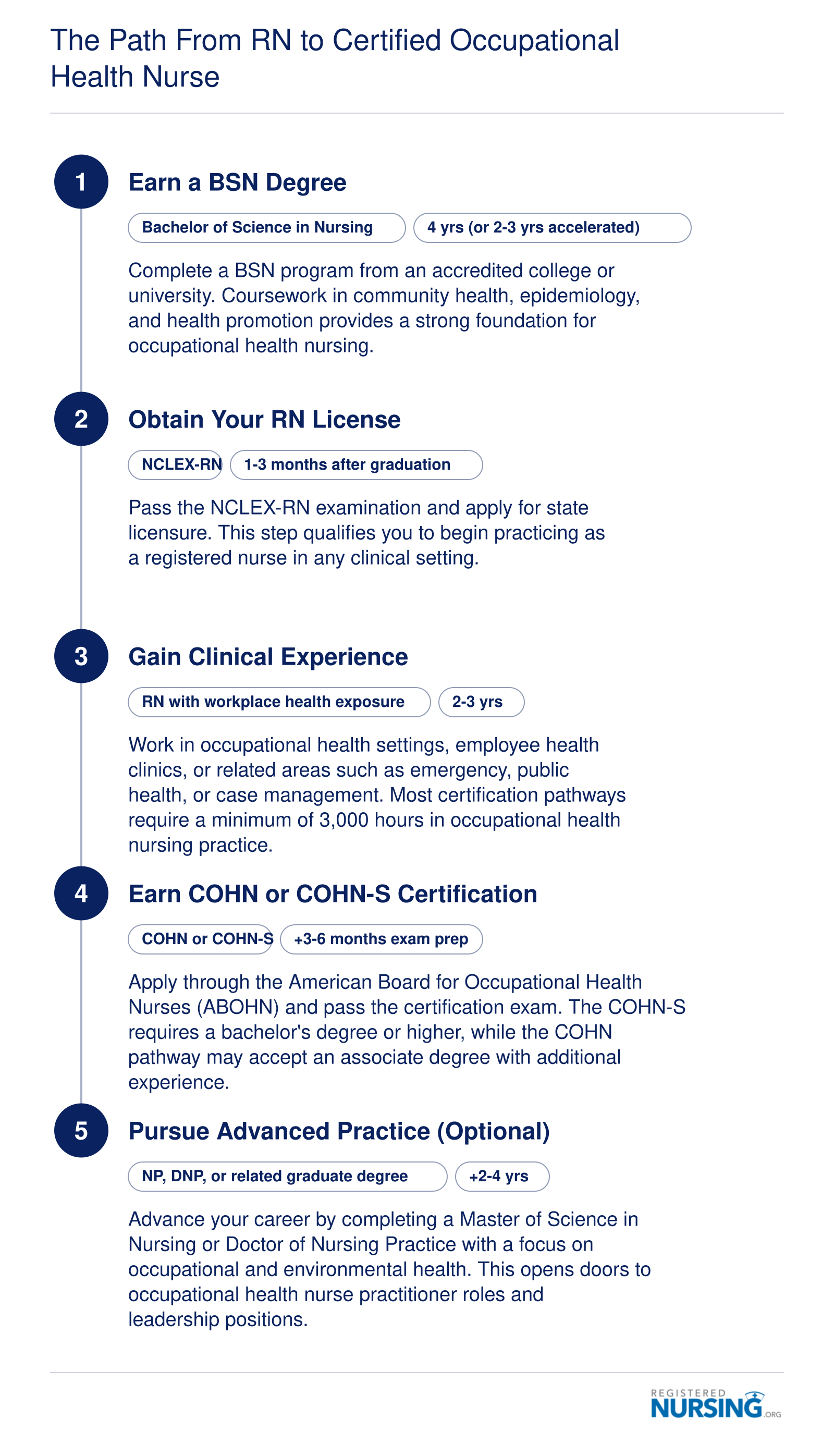 Five-step career pathway from BSN through RN licensure, clinical experience, COHN or COHN-S certification, and optional advanced practice, spanning approximately 8 to 12 years