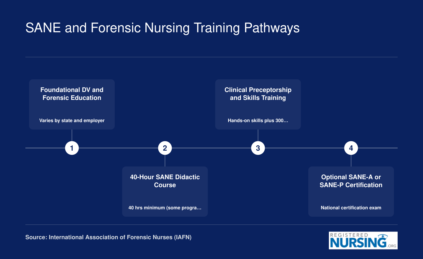Four-step credentialing pathway from foundational DV education through SANE didactic coursework, clinical preceptorship, and optional SANE-A or SANE-P certification