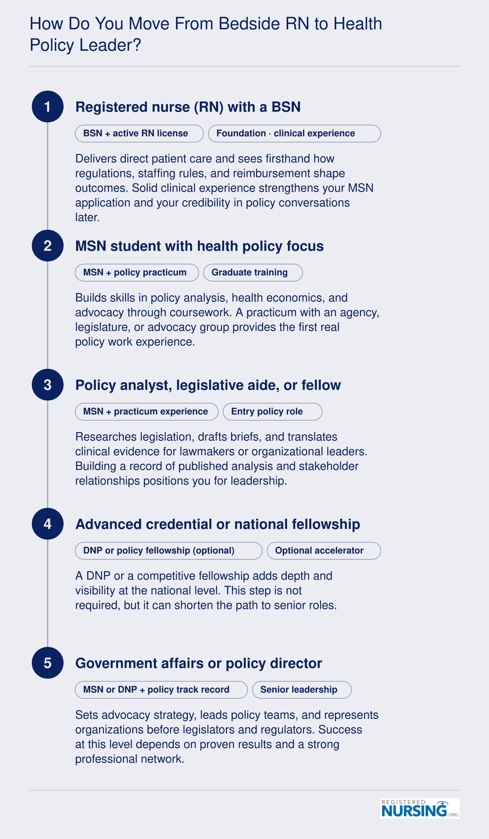 Five-step career ladder from BSN-prepared RN to health policy director, with optional DNP or fellowship step