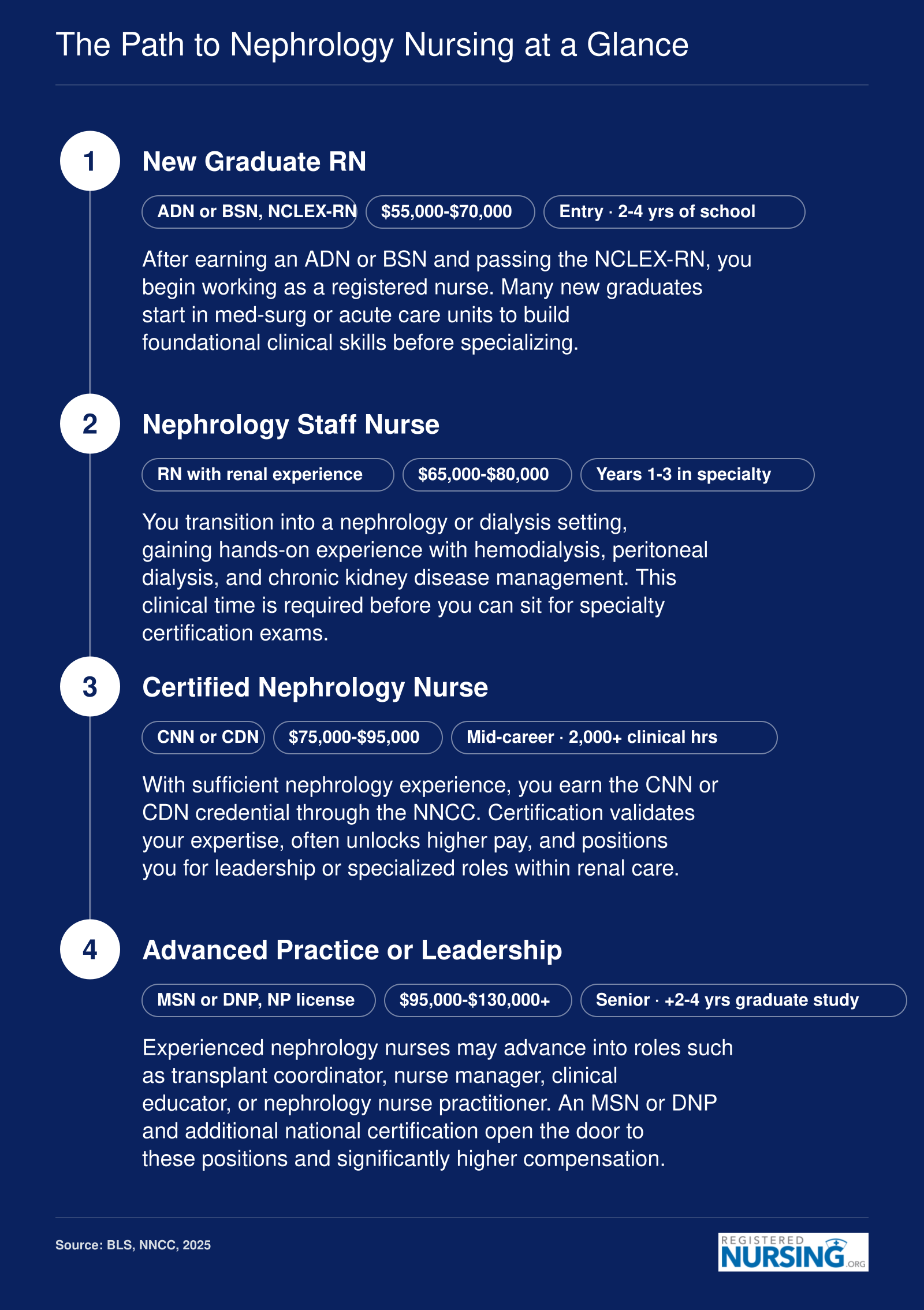Career pathway from ADN or BSN through CNN certification to advanced nephrology roles, with approximate timelines and salary bands at each stage
