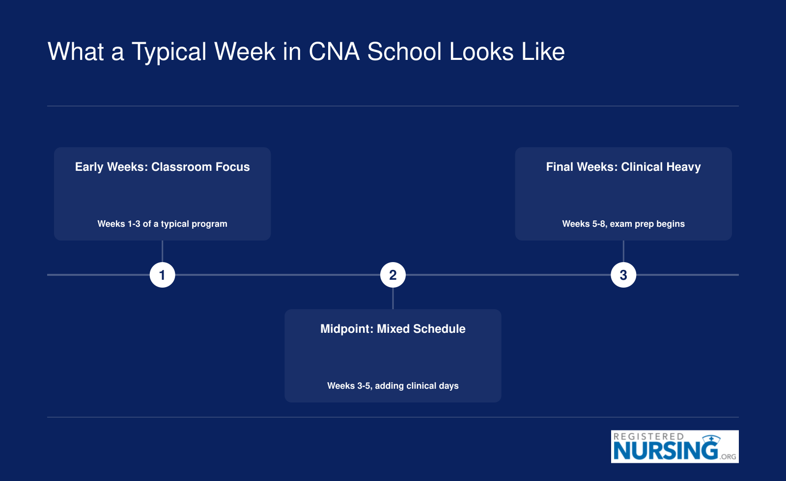 Three-phase weekly schedule for full-time CNA students, progressing from classroom-heavy early weeks to clinical-heavy final weeks over a 4 to 8 week program