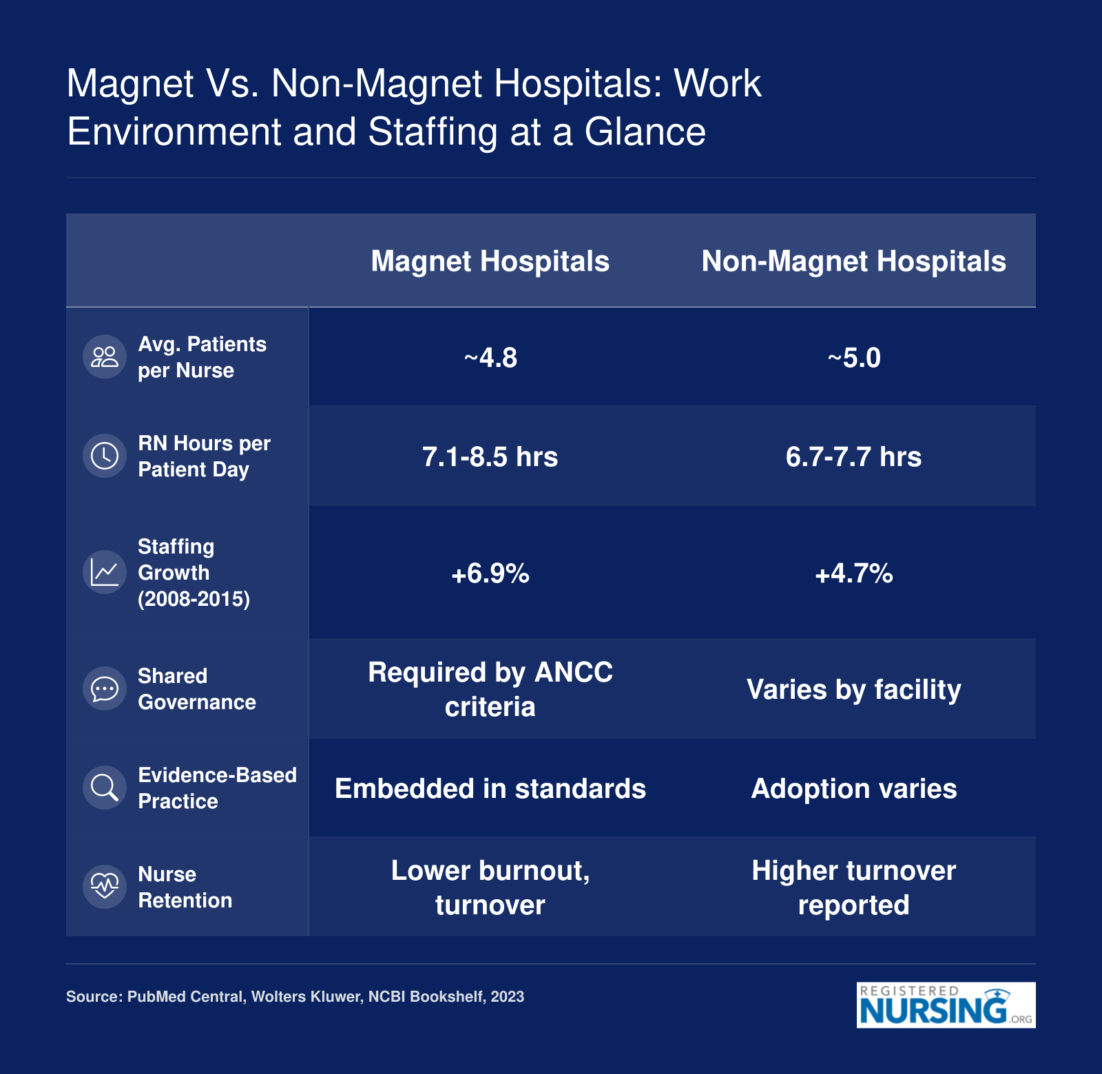 Comparison of Magnet and non-Magnet hospitals across staffing ratios, RN hours, retention, shared governance, and evidence-based practice