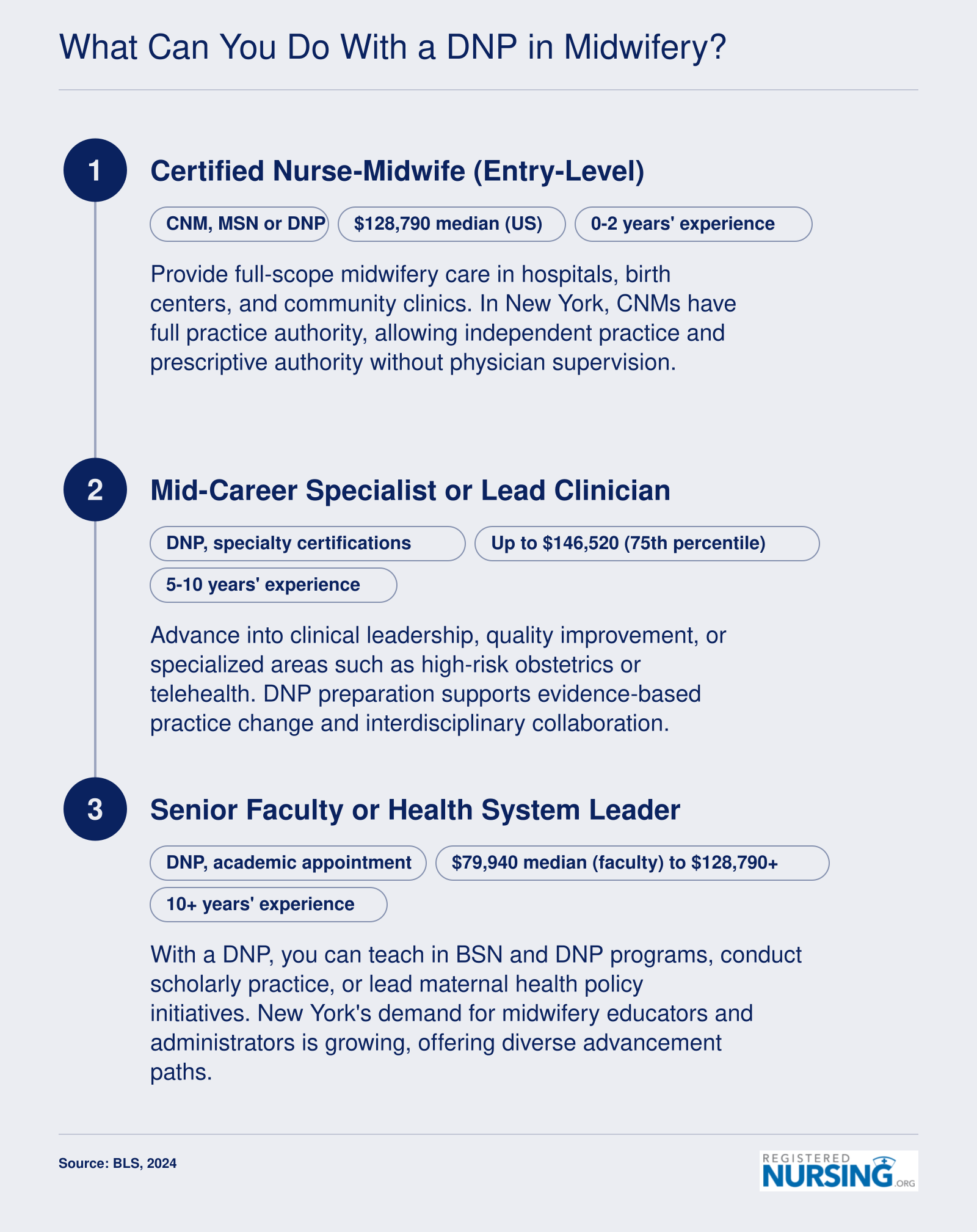 From entry-level certified nurse-midwife ($128,790 median) to mid-career specialist and senior faculty/leadership roles ($79,940-$128,790+), 2024 BLS data.