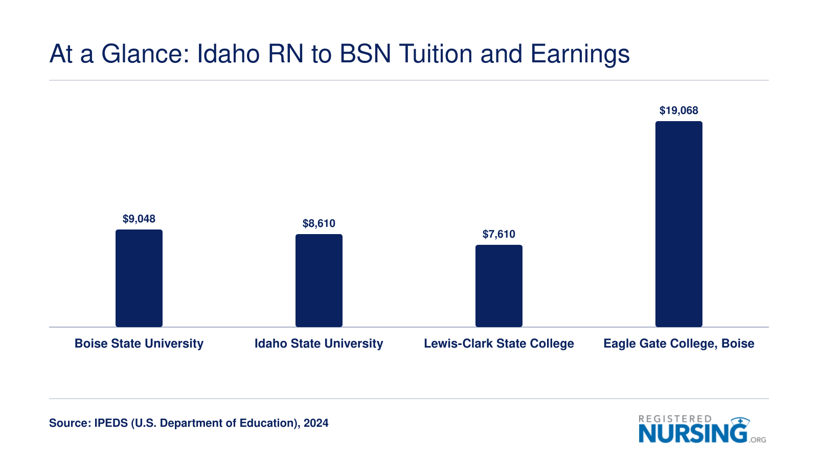 Annual in-state tuition for four Idaho RN to BSN programs ranging from $7,610 to $19,068 in 2024