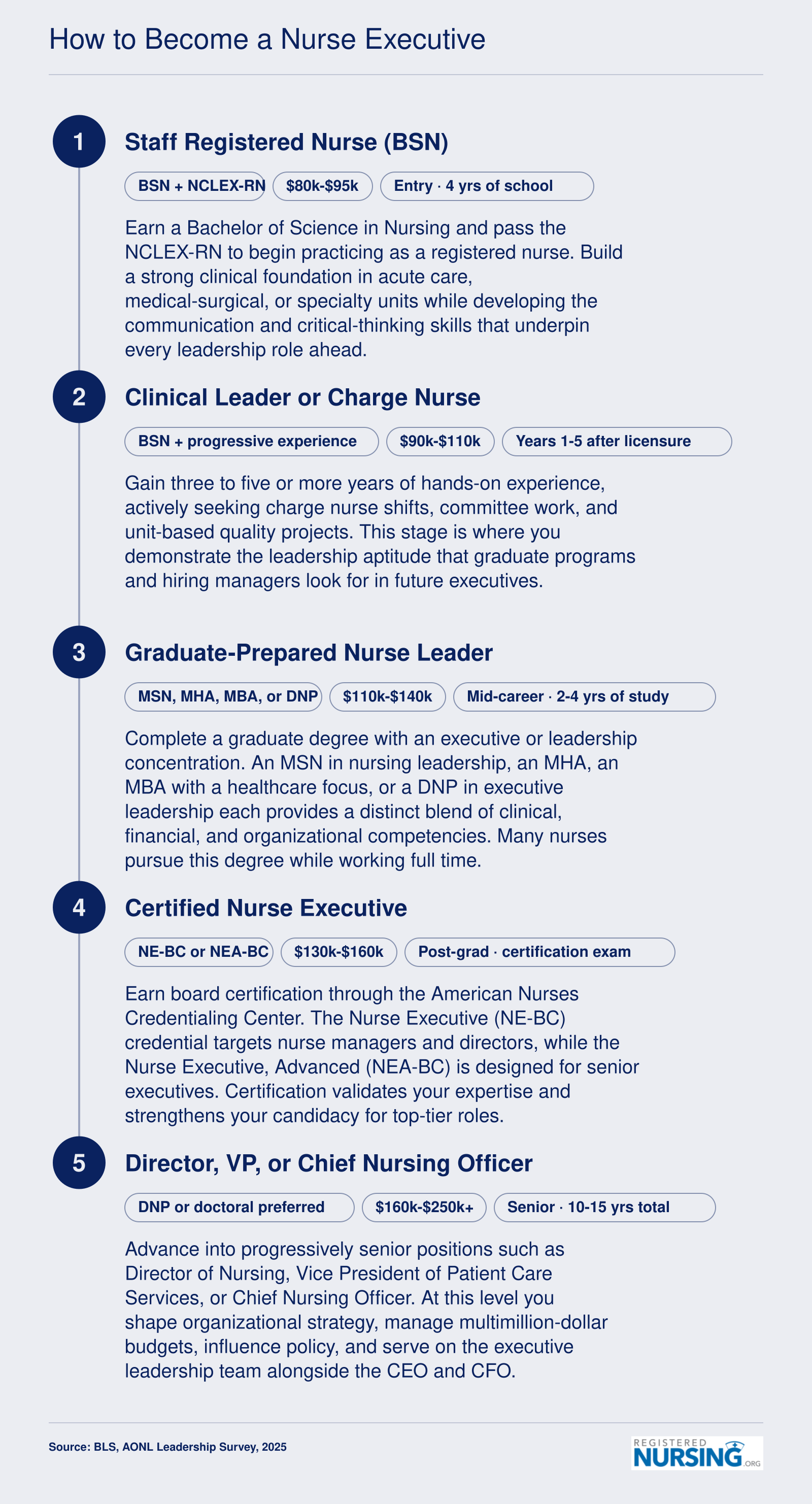 Five-step career pathway from BSN through CNO, spanning roughly 10 to 15 years of education, clinical leadership, and certification