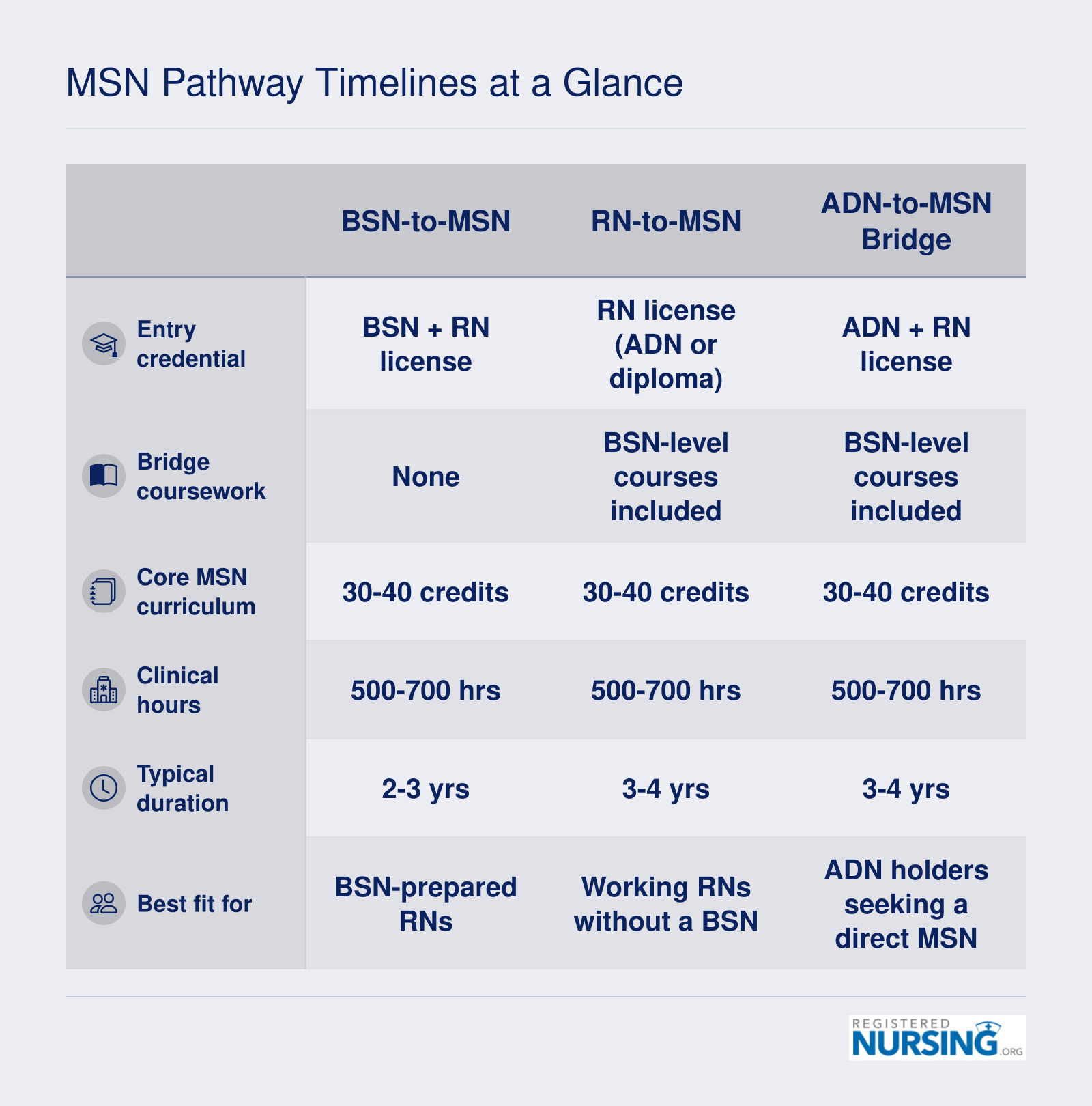Side-by-side comparison of four MSN pathways showing entry requirements, bridge coursework, core credits, clinical hours, and typical completion timelines ranging from two to four years