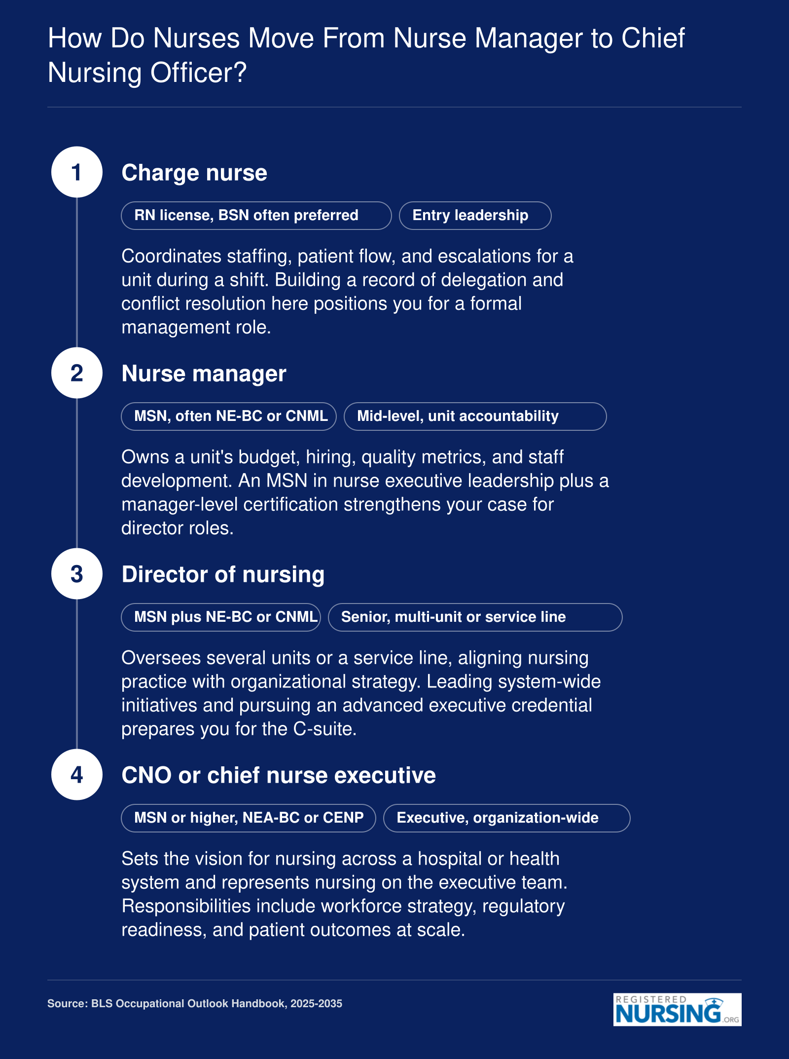 Nurse leadership path from charge nurse to CNO; BLS projects 24% manager job growth, 2025-2035
